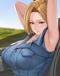 1girls absurd_res android_18 armpits arms_up big_breasts blonde_hair blue_eyes breasts curvy dragon_ball eyelashes female large_breasts lim lips looking_at_viewer puffy_nipples short_hair thick_lips voluptuous