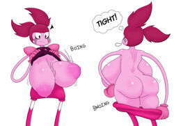 1girls ass ass_jiggle backboob big_ass big_breasts boobdrop breasts cartoon_network changing female gem gem_(species) gigantic_breasts gloves huge_ass huge_breasts motion_blur nipples pink_eyes pink_hair pink_skin plucking sagging_breasts solo spinel_(steven_universe) steven_universe sweat text touhoufan twintails unaligned_breasts