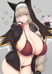 animal_ears bangs bikini bikini_bottom bikini_top blush bombergirl breasts female green_eyes grim_aloe hand_on_own_face highres huge_breasts long_hair looking_at_viewer mukuba nun open_mouth red_bikini sepia_belmont smile solo swimsuit tagme