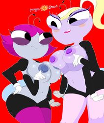 2girls 4_arms anthro big_breasts big_eyes blonde_hair breast_press dawn_swatworthy disney disney_channel fly hoshime insects maggie_pesky multiple_girls nipples pink_hair pussy rivalry stockings the_buzz_on_maggie toon_disney topless