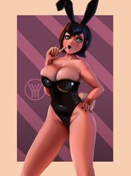 alternate_version_available black_lipstick bunny_ears bunny_tail bunnysuit female finger_to_mouth goth hand_on_hip hotel_transylvania mavis_dracula short_hair syyyn_(frostydude) vampire