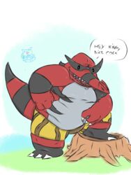 1boy 2020 3:4 alpha_channel anthro anthrofied blueblu bottomwear bulge chubby_male clothed clothing crocodile crocodilian crocodylid english_text krookodile looking_at_viewer male male_only nintendo overweight overweight_male partially_clothed pokémon_(species) pokemon pokemon_(species) pokemon_bw red_body reptile scalie shorts simple_background sketch slightly_chubby solo speech_bubble text video_games