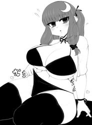 blush collar ginku_mh huge_breasts long_hair monochrome open_mouth patchouli_knowledge tagme text thick_thighs thighhighs touhou underwear