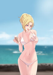 beach bikini blonde_hair firdausfaizin ice_cream mercy overwatch solo_female white_bikini