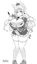 1girls big_breasts blonde_hair blush crown futa_only futanari long_hair looking_at_viewer miniskirt monochrome precum prina rebis school_uniform schoolgirl skirt_lift thighhighs twin_dungeon_princesses