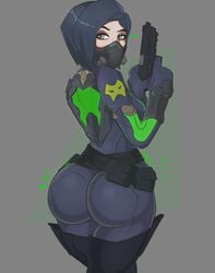 1girls 2020 ass ass_focus big_ass bigmantis black_hair bodysuit bubble_butt female female_only full_body fully_clothed green_eyes holding_object latex_suit looking_at_viewer looking_back mask riot_games sideboob solo thin_female tight_clothing valorant video_games villainess viper_(valorant)