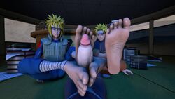 3boys 3d 3d_(artwork) bandage barefoot big_penis bigsunsfm blonde_hair blue_eyes clothing double_footjob erection faceless_male father_and_son feet foot_fetish foot_focus footjob forehead_protector fully_clothed gay headband huge_cock indoors inside jacket large_penis long_penis male male_only naked namikaze_minato naruto naruto_shippuden nude older_male older_man_and_younger_boy penis pov sex soles teamwork toes uncensored uzumaki_naruto whisker_markings whiskers yaoi yellow_hair younger_male