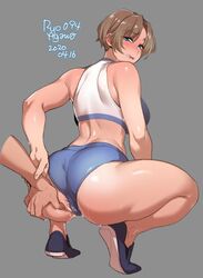 1girls 2020 anus ass ass_grab clothed dated disembodied_hand female half-closed_eyes looking_at_viewer looking_back pussy pussy_juice ryo_agawa secretly_loves_it squatting text thick_thighs tomboy very_short_hair watermark wet wide_hips