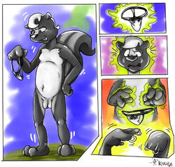 2007 anthro_to_inanimate balls clothing clothing_transformation comic genitals inanimate_transformation kanada male mammal mephitid nude penis skunk smile solo standing surprise transformation underwear