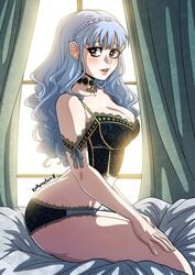 bangs bed_sheet bedroom blue_hair blush braid breasts brown_eyes choker crown_braid female fire_emblem fire_emblem:_three_houses highres kinkymation large_breasts lingerie long_hair looking_at_viewer marianne_von_edmund nervous_smile panties thighs underwear