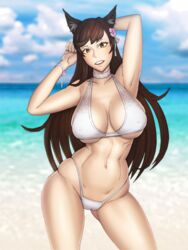 abs animal_ears armpit_hair armpits arms_up atago_(azur_lane) azur_lane beach bikini cleavage female large_breasts long_hair lycra_(artist) nipples outdoors see-through solo