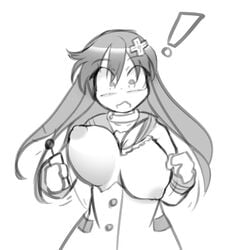 blush breast_expansion bursting_breasts glawfu hair_ornament large_breasts long_hair monochrome nepgear neptunia_(series) nipples sketch surprised wardrobe_malfunction