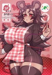 animal_crossing animal_ears anthro apron big_breasts breasts brown_hair female freckles hi_res huge_breasts long_hair looking_at_viewer needle nintendo osiimi red_eyes sable_able sewing_needle spiky_hair stockings sweater tail text thick_thighs thighhighs tight_clothing