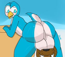 beak big_ass big_butt blue_eyes blue_fur blue_hair drooling fur furry looking_back looking_pleasured male male_focus penguin plushtrapboyuwu simple_background walrus
