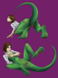 2009 all_fours brown_hair cloaca clothing erunroe female green_body hair hi_res human_to_anthro lizard lizardman navel open_mouth raised_tail reptile scalie shirt simple_background solo species_transformation topwear transformation what