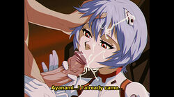 1boy 1girls blowjob clothing cum cum_in_mouth cum_on_face dirtyero_(artist) expressionless faceless_male fellatio female handjob light-skinned_female light-skinned_male light_blue_hair light_skin looking_at_penis male neon_genesis_evangelion oral_sex pillarbox plugsuit red_eyes rei_ayanami retro_artstyle shinji_ikari straight vhs_filter