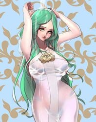 1girls bra breasts cerealex clothing female female_focus female_only fire_emblem fire_emblem:_three_houses green_eyes green_hair lingerie necklace nintendo pale-skinned_female pale_skin panties revealing_clothes rhea_(fire_emblem) seiros_(fire_emblem) underwear water wet wet_clothes