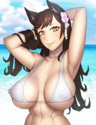 abs animal_ears armpit_hair armpits arms_up atago_(azur_lane) azur_lane beach bikini cleavage erect_nipples_under_clothes female large_breasts long_hair lycra_(artist) nipples outdoors see-through