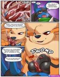 2boys animal_genitalia animal_penis arcanine big_penis big_testicles bodily_fluids canine canine_penis comic cum cum_in_mouth cum_inside cum_on_tongue dialogue drooling duo english_text erection fellatio feral fur furry gay genital_fluids half-closed_eyes hi_res inside_mouth internal internal_fellatio internal_oral interspecies knot knot_lick larger_male licking lucario male male_only mammal modca nintendo open_mouth oral penis penis_on_tongue pokemon pokemon_(species) pokemon_dppt saliva saliva_on_tongue sheath size_difference smaller_male solo sweat testicles text tongue tongue_out video_games yaoi