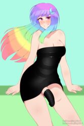 black_dress blush cock_sleeve cock_sock dress futa_only futanari leaning_back original original_character penis_sock rainbow_hair red_eyes smirk solo watermark zapklink