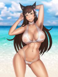 abs animal_ears armpits arms_up atago_(azur_lane) azur_lane beach bikini cameltoe cleavage erect_nipples_under_clothes female large_breasts long_hair lycra_(artist) outdoors pubic_hair solo tanned