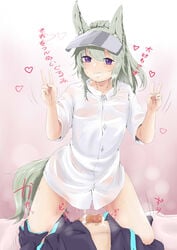 1boy absurdres after_sex animal_ears arknights blush cum cumdrip doctor_(arknights) double_v female grani_(arknights) green_hair grin highres hinanawi_mika horse_ears purple_eyes see-through shirt smile sweat v visor visor_cap white_shirt