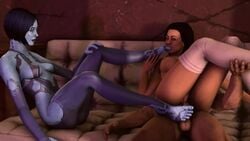 1boy 2girls 3d animated artificial_intelligence balls barefoot bed bisexual black_hair blue_hair blue_skin bouncing_breasts breasts completely_nude cortana crossover fatcat17 feet female foot_worship footjob girl_on_top group_sex halo_(series) legs lying male mass_effect miranda_lawson multiple_girls no_sound nude penis pussy sex short_hair sitting smile thighhighs thighs threesome toe_sucking toes video