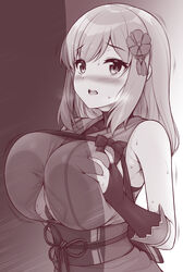 1boy alternate_breast_size asano_ruri asano_sisters_project bangs bare_shoulders big_breasts blush bodysuit bow breast_squeeze breasts commentary_request elbow_gloves eyebrows_visible_through_hair female gloves hair_ornament huge_breasts japanese_clothes kimono kneeling large_breasts long_hair monochrome obi open_mouth paizuri paizuri_under_clothes partly_fingerless_gloves perpendicular_paizuri sash sidelocks sleeveless sleeveless_kimono sweat underboob_cutout uni8 virtual_youtuber