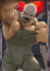 1boy arm_up armpits bara barazoku biceps big_bulge big_muscles bulge bulge_through_clothing dead_by_daylight gay looking_at_viewer male_focus male_only mask masked_male moobs mumu202 muscles muscular muscular_male nipple_slip nipples pecs red_moon scars solo_focus solo_male sweat the_trapper visible_breath weapon