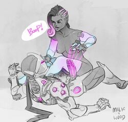 boop cyborg dark-skinned_female dark_skin femdom genji male malesub mask medium_breasts overwatch purple_eyes short_hair sombra speech_bubble spikeyhoney straight text thighhighs thighs