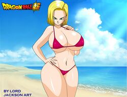 android android_18 big_breasts bikini blonde_hair blue_eyes bob_cut dragon_ball dragon_ball_super dragon_ball_z female female_only lord_jackson_art mature_female milf short_hair solo solo_female solo_focus thick_thighs