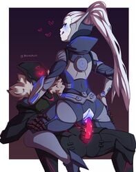 2020 breasts glowing glowing_eyes heart highres jhin league_of_legends mechanical_arm pachastuff project_jhin project_series project_vayne riding riot_games robot unseen_male_face vaginal_penetration vayne white_hair