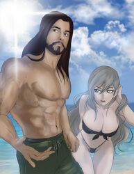 ashe_(league_of_legends) beach beard large_breasts league_of_legends penis six_pack tryndamere white_hair