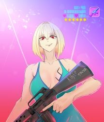 1girls 2d 2d_(artwork) absurd_res absurd_resolution assault_rifle bare_shoulders beautiful_woman blonde_hair_female blue_dress braless cleavage collarbone crossover fan_character grand_theft_auto grand_theft_auto:_vice_city high_resolution highres holding_gun huge_breasts kupertabk mature_woman nameless_character no_bra pink_fingernails red_eyes scarface short_hair_female standing teal_dress text tomboyish ukrainian_girl unnamed_character