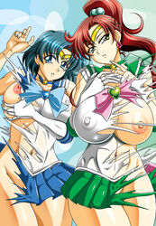 2girls ami_mizuno bishoujo_senshi_sailor_moon breasts clothing erect_nipples erect_nipples_under_clothes female female_only human large_breasts makoto_kino multiple_girls nipples pointy_chin rainkeru sailor_jupiter sailor_mercury skirt torn_clothes