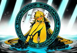 ai_art ai_generated bare_legs black_hair black_lipstick black_nails black_toenails blue_eyes blush caged_cock chastity_cage choker clouds colored_skin crossdressing dress dripping earrings elf_ears extremely_long_hair femboy feminine_male feminization fingerless_gloves golden_hair heart heels legs_together lifting_leg link lipstick long_dress looking_at_viewer makeup male nintendo novelai ring ripples seductive_look seductive_smile sheikah sissy smirk sole_male sweat the_legend_of_zelda trap water_ripple