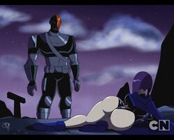 1boy 1boy1girl 1girls ass cartoon_network dc dc_comics deathstroke female frostbiteboi girl laying_on_ground laying_on_side leotard male marvel_reference meme on_side rachel_roth raven_(dc) rogue_dat_ass_(meme) round_ass slade_wilson slave teen_titans thick_legs thick_penis toonami