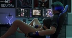 1girls 3d absurd_res absurdres computer computer_monitor discord_(app) fat_cock fingering gaming_chair gooning half-dressed half_naked high_resolution highres implied_masturbation jilling_off large_penis male masturbation mutual_masturbation namco pc penis precum reina_mishima room shaddoll_x sitting streaked_hair tekken tekken_8 twitter twitter_username watching watching_porn