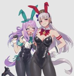 2girls armband big_breasts blunt_bangs blush breast_size_difference bunny_ears bunnysuit cleavage detached_collar female female_only flat_chest gloves gold_ship_(umamusume) grin hair_ribbon headgear headwear horse_girl horse_tail lavender_hair looking_at_viewer mejiro_mcqueen_(umamusume) nervous pantyhose playing_videogame purple_hair sarcophage silver_hair small_breasts smile umamusume umamusume_pretty_derby white_hair