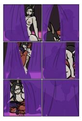 sqootshy elreyna_xaltara thrundi_jarvain curtains silhouette shadow futanari pointy_ears elf comic blowjob riding full_nelson futa_on_female mating_press from_behind sex cum cum_inside dark-skinned_female bed bedroom blanket_grab cum_drip purple_hair