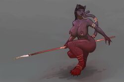 anthro claws feline female green_eyes keeltheequine nipple_piercing nipples nude nude_female piercing solo spear