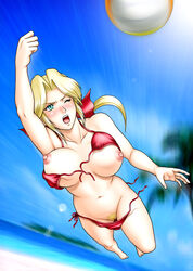 beach_volleyball bikini blonde_hair blue_eyes bow breasts dead_or_alive dead_or_alive_xtreme_beach_volleyball hairbow helena_douglas kitamura_(bamboo) large_breasts long_hair pointy_chin pubic_hair pussy side-tie_bikini swimsuit uncensored volleyball wardrobe_malfunction