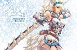 1girls 2d_(artwork) armored_female ass_shot barioth_(armor) blue_gloves boobs_and_butt_pose good_artwork guchico_(guchico77) helmet_with_visor high_detail high_resolution hunter_(monster_hunter) knife light-skinned_female logo long_sword_(mh) midriff monochrome_background monster_hunter monster_hunter_3 monster_hunter_3_g monster_hunter_3_ultimate round_breasts shaggy_fur sideboob simple_background smiling_at_viewer toned_female white_armor white_panties
