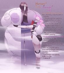 1boy 1girls bbw black_hair english_text fat fat_female fat_fetish female ghost ghost_girl himani hugging larger_female male munashi_(cooooookin) obese obese_female reference_sheet robot robot_boy size_difference smaller_male