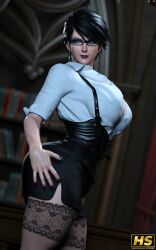 1girls 3d ass bayonetta bayonetta_(character) bayonetta_2 beauty_mark big_ass big_breasts black_hair breasts bursting_breasts cleavage earrings female female_only glasses hagiwara_studio makeup overflowing_breasts skimpy skimpy_clothes solo thick_thighs