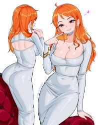 absurdres alternate_costume arm_support ass back_cutout bangle blush bracelet breasts brown_eyes cleavage clothing_cutout collarbone commentary couch cross cross_necklace dongtan_dress dress earrings elpipe_3000 english_commentary feet_out_of_frame female finger_to_cheek grey_dress heart highres jewelry large_breasts long_hair long_sleeves looking_at_viewer mask mask_pull mouth_mask multiple_views nail_polish nami_(one_piece) necklace one_piece orange_eyes orange_hair parted_lips patreon_username pearl_earrings red_nails simple_background smile tight_clothes tight_dress wavy_hair white_background