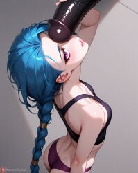 1boy1girl 1girls ai ai_art ai_assisted ai_generated arcane arcane_jinx ass big_penis black_penis blue_hair blush clothed clothing collar female jail jinx_(league_of_legends) league_of_legends long_hair looking_at_viewer patreon patreon_logo patreon_username penis_on_face pink_eyes white_skin