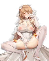 absurdres breasts choker clothing_aside covered_nipples cum cum_on_body cum_on_breasts dress female_masturbation fingering garter_belt girls'_frontline gloves high_heels highres large_breasts licking licking_finger m37_(a_long_vacation_with_ithaca)_(girls'_frontline) m37_(girls'_frontline) masturbation non-web_source on_floor orange_eyes panties panties_aside pussy spread_legs thighhighs uncensored underwear wedding_dress white_choker white_dress white_gloves white_thighhighs