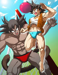 2boys dragon_ball dragon_ball_z gay male male_only multiple_boys muscle son_goku speedo straight_hair tail topless turles yaoi