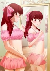 1girls aznmeee bikini bikini_skirt blush commentary_request female hair_ribbon highres indoors kasumi_yoshizawa long_hair looking_at_mirror mirror official_alternate_costume persona persona_5 persona_5_royal pink_bikini pink_ribbon pink_skirt ponytail red_eyes red_hair reflection ribbon signature skirt solo stomach sumire_yoshizawa swimsuit